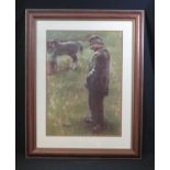 ANEURIN M JONES (Welsh, 1930-2017), portrait of a farmer admiring Welsh Cob with handler, signed,