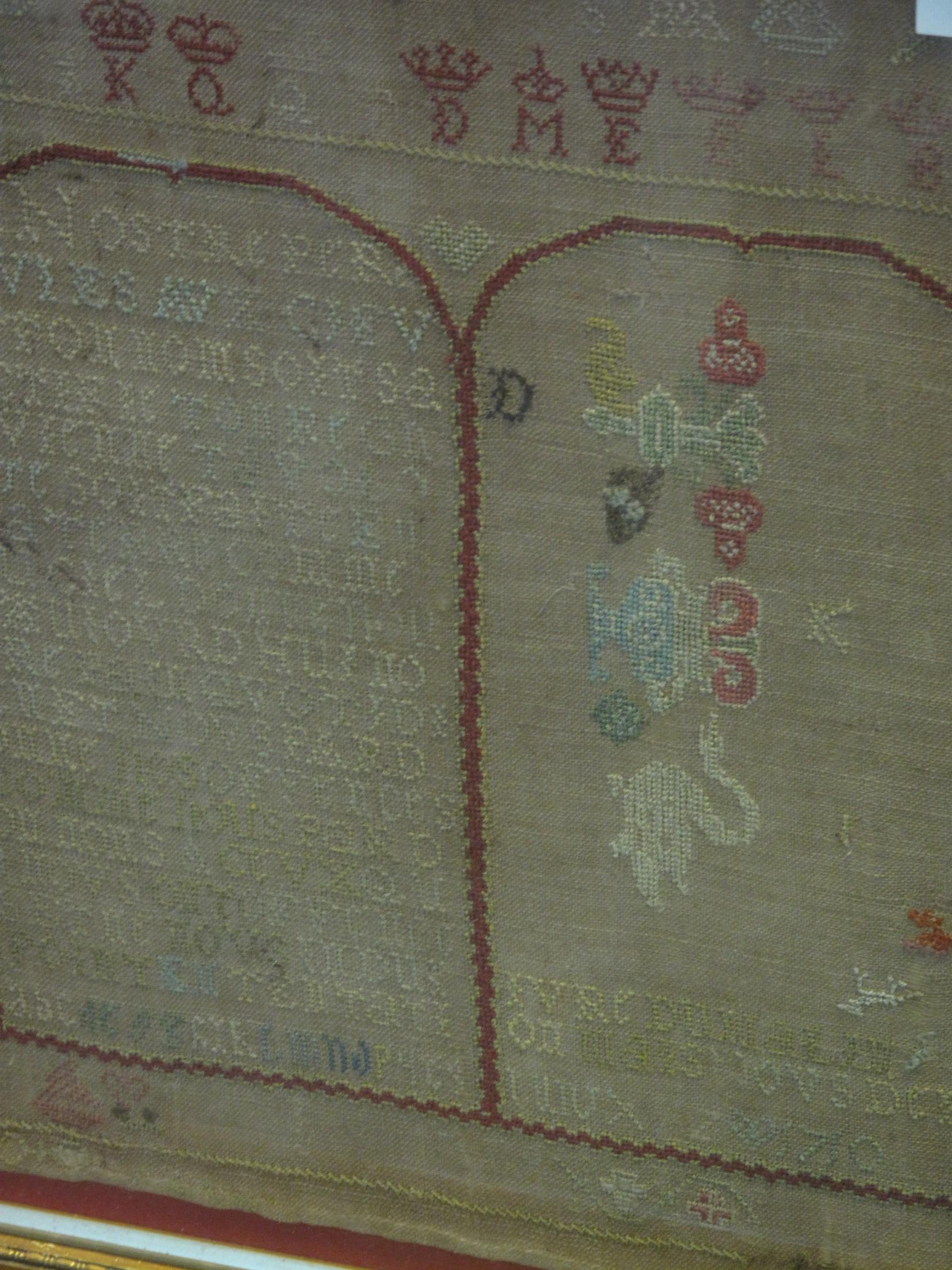 EARLY 18TH CENTURY TAPESTRY SAMPLER with various crowns and religious initials, Latin text, - Image 3 of 4