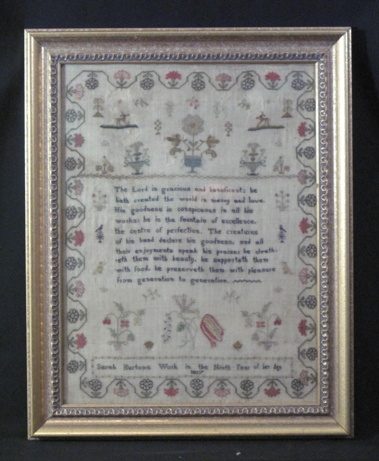 EALY 19TH CENTURY CHILD'S NEEDLEPOINT SAMPLER 'Sarah Burton's work in the Ninth year of her age,