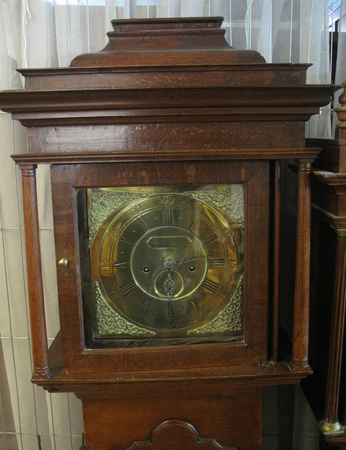 18TH CENTURY OAK 8 DAY LONGCASE CLOCK marked 'John Whitfield, Clifton', the hood with caddy top