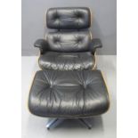 A RAY & CHARLES EAMES FOR HERMAN MILLER BENTWOOD AND METAL FRAMED LOUNGE CHAIR and ottoman or stool,