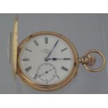 18CT GOLD HALF HUNTER KEY LESS GENTLEMAN'S POCKET WATCH by Dent of London, the outer case with Roman