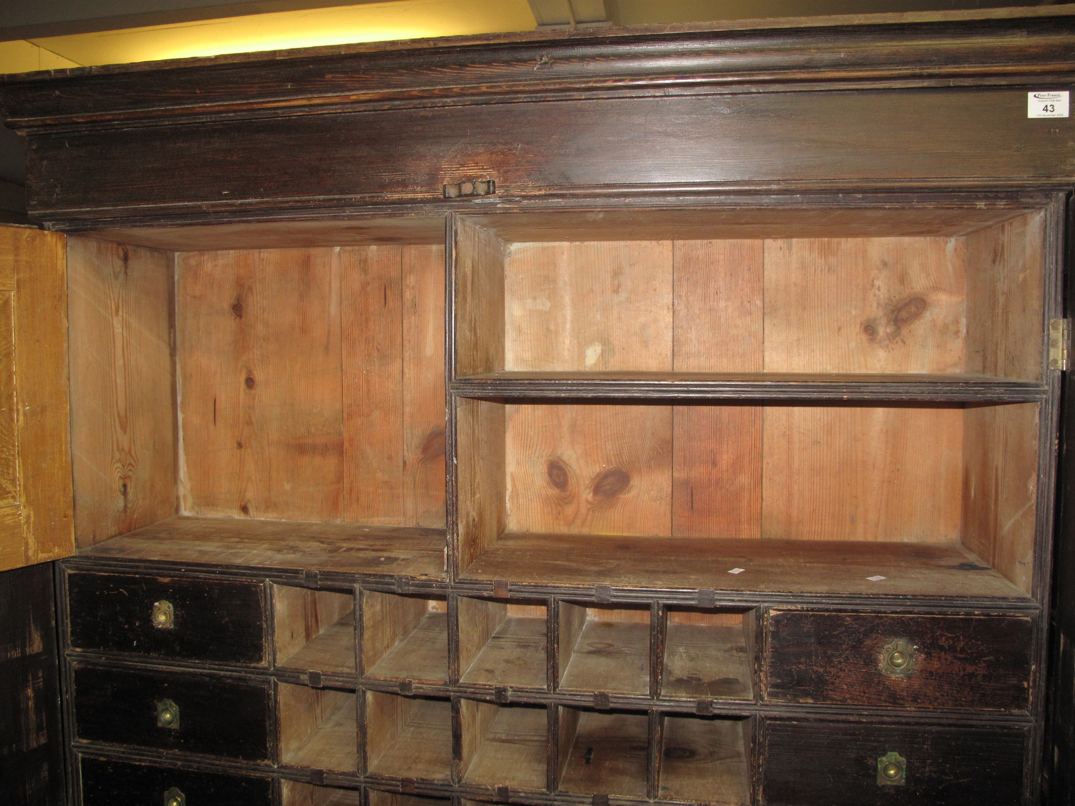 LATE 19TH CENTURY STAINED PINE SOLICITORS CUPBOARD having moulded cornice above two blind panelled - Image 11 of 13