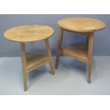 TWO TRADITIONAL WELSH PINE CRICKET TABLES with under tiers. 60cm diameter, 69cm high and 60cm