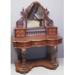 VICTORIAN MAHOGANY DUCHESS STYLE LADIES DRESSING TABLE having shaped mirror flanked by a bank of two