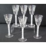 SET OF SIX HIVE SHAPED WINE GLASSES with wheel engraved trailing vine decoration and multiple opaque