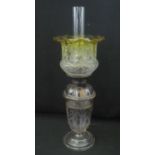 VICTORIAN DOUBLE BURNER OIL LAMP having clear glass chimney and yellow frosted glass etched