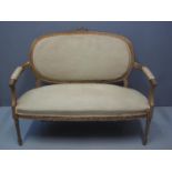 FRENCH STYLE CARVED AND GILDED OPEN ARM PARLOUR SOFA having moulded and beaded frame, upholstered