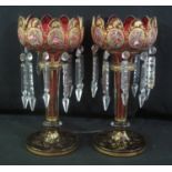 PAIR OF 19TH CENTURY BOHEMIAN RUBY GLASS VASE LUSTRES with painted porcelain panels and over