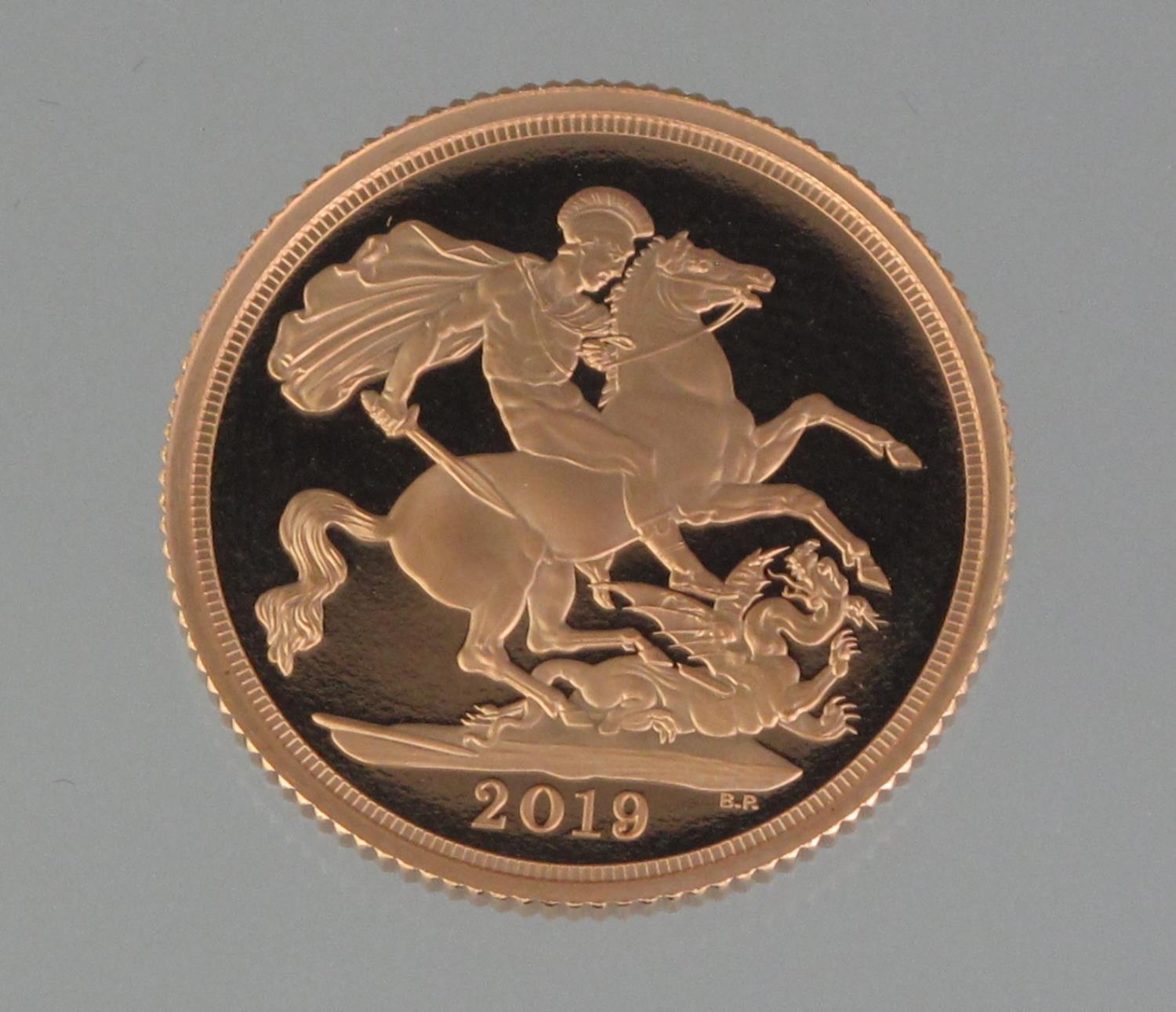 THE ROYAL MINT 'THE SOVEREIGN 2019' gold proof coin, 7.98g approx. With certificate of provenance