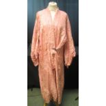 1920'S PINK SILK KIMONO with flowers hand embroidered in wool and cherub design metal button with