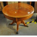 Reproduction mahogany finish circular occasional table on quatraform base. (B.P. 21% + VAT)