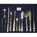 Bag of assorted silver and other cutlery items, including; marrow scoop, butter knives, salt spoons,