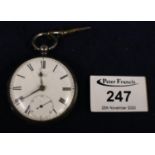 19th Century silver key wind open faced lever pocket watch having enamel face with Roman numerals,