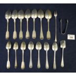 Assorted silver cutlery to include; seven dessert spoons, seven teaspoons, sugar nips, sugar spoon