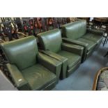 Green leather three piece suite comprising two seater bed settee and a pair of armchairs. (3) (B.