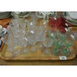 Tray of assorted clear etched and coloured glass drinking vessels. (B.P. 21% + VAT)