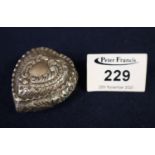 Small silver repousse heart shaped pill box with hinged cover. Birmingham hallmarks, 0.6 troy ozs