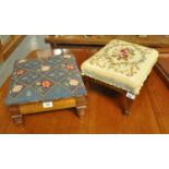 Small Edwardian rectangular tapestry foliate footstool, together with another square form tapestry