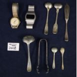 Collection of assorted silver and plated small cutlery items, stainless steel digital wristwatch and