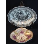 18th Century bat printed monochrome Continental porcelain indented oval dish with classical ruins