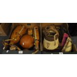 Two boxes of assorted tribal items to include; a Uganda beer gourd and other gourds, Peruvian