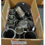 Box of assorted pewter tankards and similar items, teapot etc. (B.P. 21% + VAT)