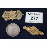 9ct gold Victorian bar brooch (stone missing), coin brooch and another. (B.P. 21% + VAT)