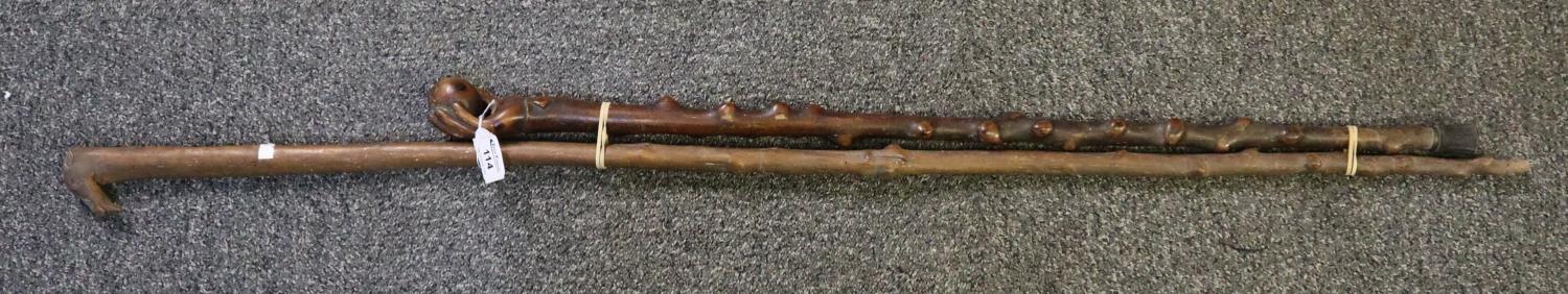 Two walking sticks, one blackthorn with carved hand terminal, the other with goat's head