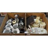 Two boxes of assorted china to include; various dresser jugs, pottery teapots, egg cruet set,