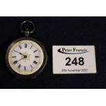 Small key wind silver fancy fob watch with enamel Roman face and engraved decoration. (B.P. 21% +