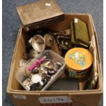 Box of oddments to include; cigarette box, costume jewellery, watches, bicycle lamp, old keys,