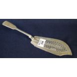 Victorian silver fish slice with pierced and shaped blade, fiddle shaped handle and engraved