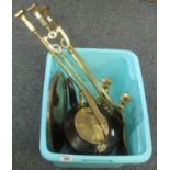 Box of metalware, mainly brass to include; companion set, pair of candlesticks, tray and brass and