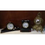 Late 19th Century black slate small two train mantel clock, a modern quartz hat shaped mantel