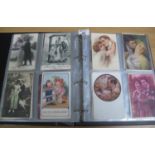 Postcards collection in black album featuring romantic couples from the early 1900's. 200 +
