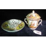 German porcelain Meissen style two handled chocolate cup, cover and stand, decorated with reserve