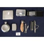 Bag of assorted silver and other items including; cigarette cases, leather purse, flask, smokers