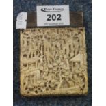 19th Century Chinese carved ivory calling card case, overall with figures amongst buildings and