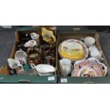 Two boxes of assorted china to include; copper lustre dresser jugs and other dresser jugs, various
