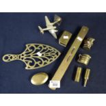 Box of assorted brassware including; trivet, spirit level, miner's tobacco box and brass model of