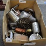 Box of metalware to include; copper teapots, pewter tankards, open plated biscuit barrel,