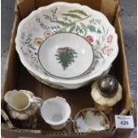 Box of assorted china to include; Wedgwood moulded leaf plate, Charlotte Rhead tube lined