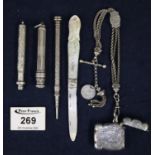 Silver vesta case on silver plated Abertina, silver fruit knife, Mordan & Co pencil, etc. (B.P.
