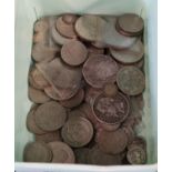 Box of assorted GB and other currency to include; silver crowns and other crowns, thrupenny