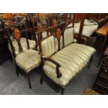 Edwardian mahogany inlaid and mixed woods parlour suite comprising five chairs (two open arm