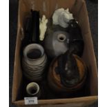 Box of oddments to include; art pottery vases, pair of horsehead bookends, pottery boot, resin