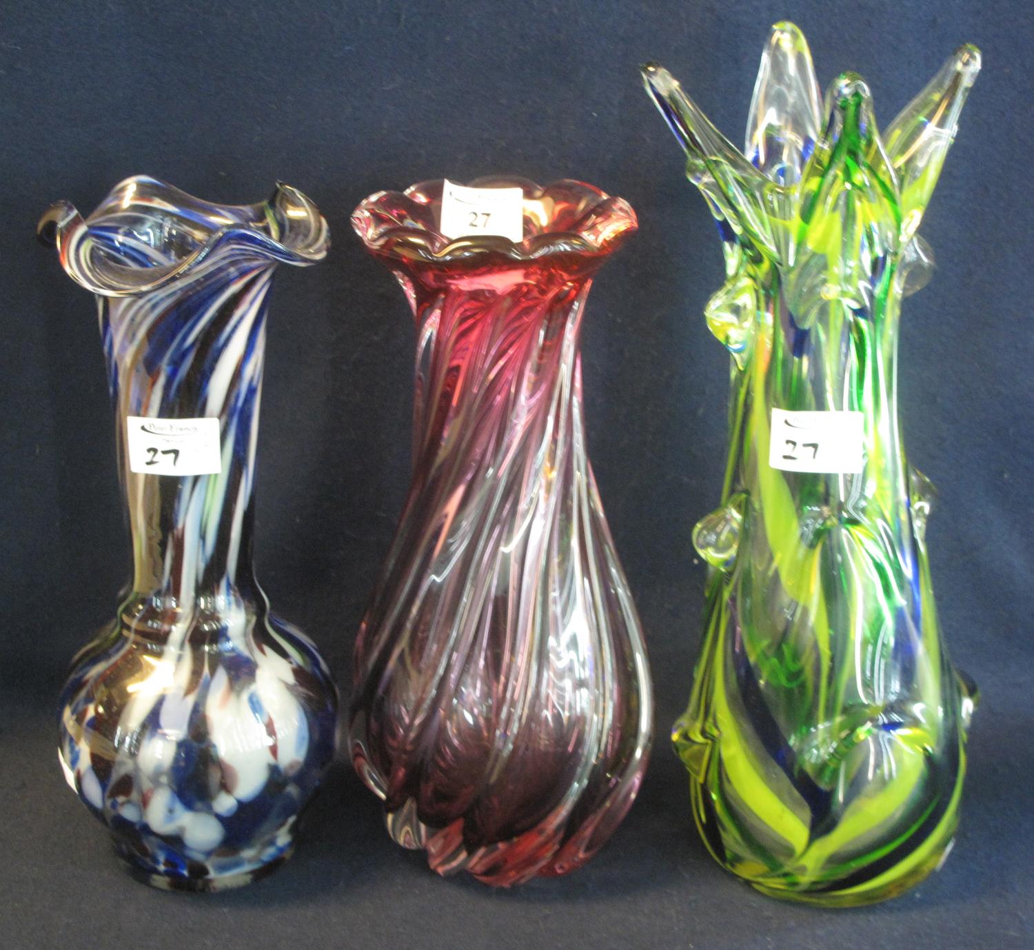 Group of bohemian and other coloured glass baluster shaped decorative vases. (3) (B.P. 21% + VAT)