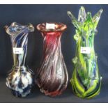 Group of bohemian and other coloured glass baluster shaped decorative vases. (3) (B.P. 21% + VAT)