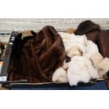 Box of vintage fur items to include; various stoles in different colours and fur types (mink,